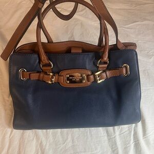 Michael Kors Navy & Brown Leather Satchel Tote Gold Hardware Detachable Strap